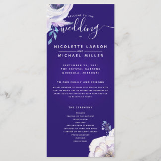 Purple Navy Blue and Lilac Flowers Wedding Program Menu
