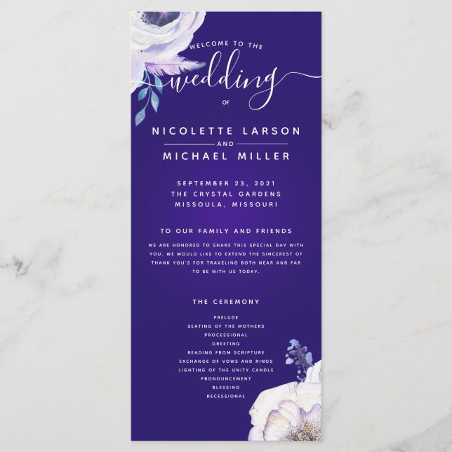 Purple Navy Blue and Lilac Flowers Wedding Program Menu (Front)