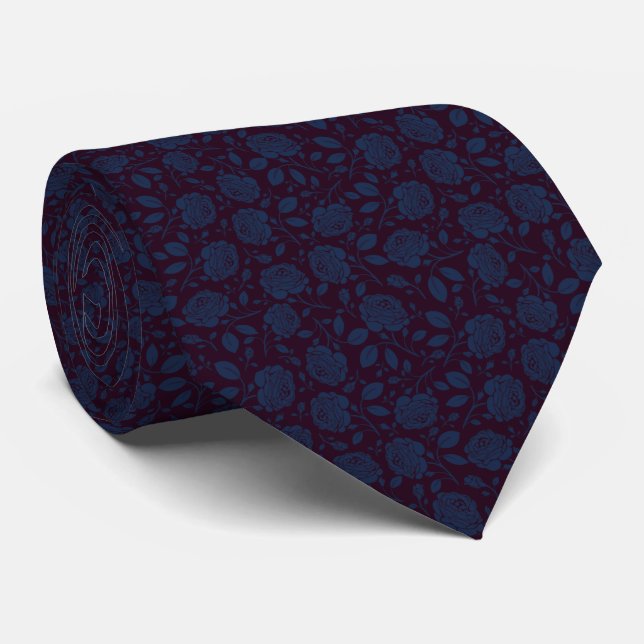Purple Navy Blue Floral Neck Tie (Rolled)