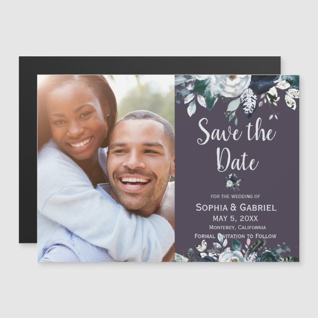 Purple Navy Blue Floral Wedding Save the Date Magnetic Invitation (Front/Back)