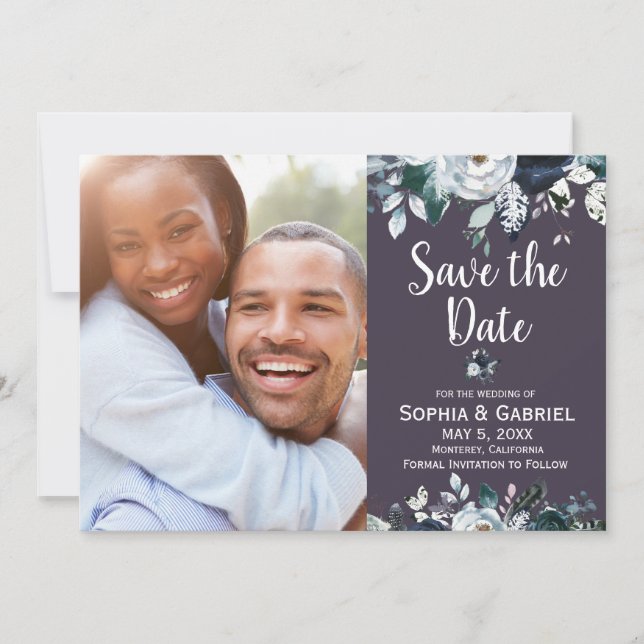 Purple Navy Boho Floral Wedding Save the Date (Front)