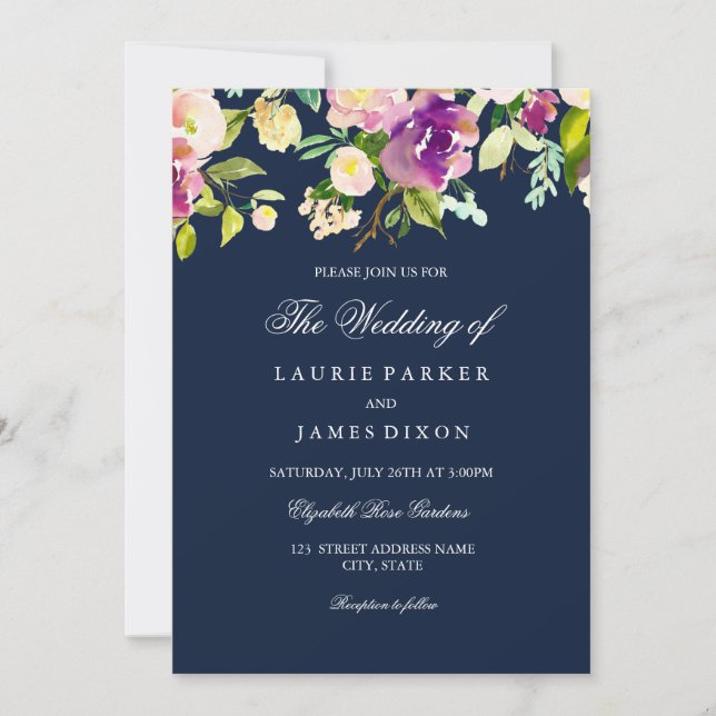 Purple Navy Floral Elegant Wedding Invitation (Front)