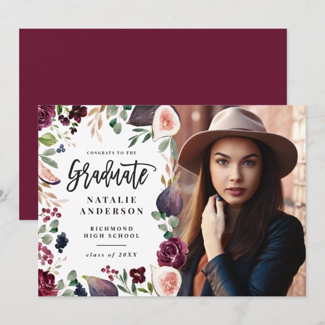 Purple navy floral photo graduate announcement (Front/Back)