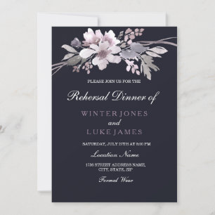 Purple Navy Winter Floral Wedding Rehearsal Dinner Invitation