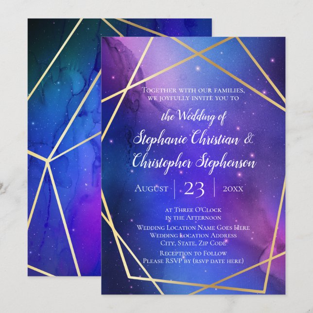 Purple Nebula Celestial Art Geometric Gold Wedding Invitation (Front/Back)
