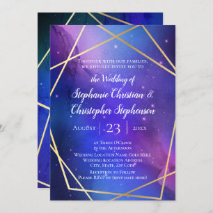 Purple Nebula Celestial Art Geometric Gold Wedding Invitation