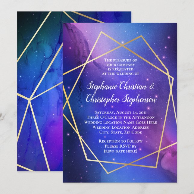 Purple Nebula Celestial Art Geometric Gold Wedding Invitation (Front/Back)