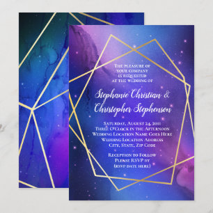 Purple Nebula Celestial Art Geometric Gold Wedding Invitation