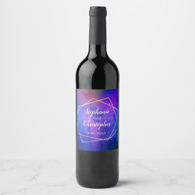 Purple Nebula Celestial Art Geometric Gold Wedding Wine Label (Front)