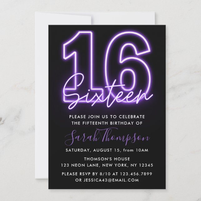 Purple Neon 16th Birthday Invitation (Front)