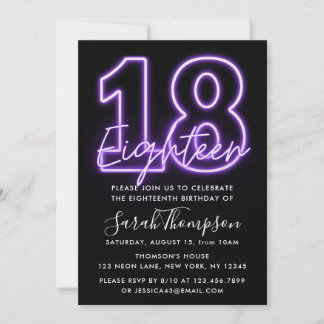 Purple Neon 18th Birthday Invitation