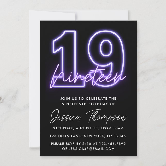 Purple Neon 19th Birthday Invitation (Front)