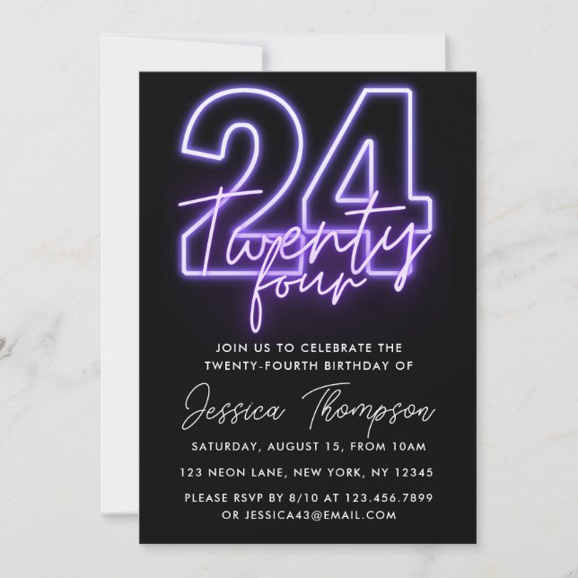 Purple Neon 24th Birthday Invitation (Front)