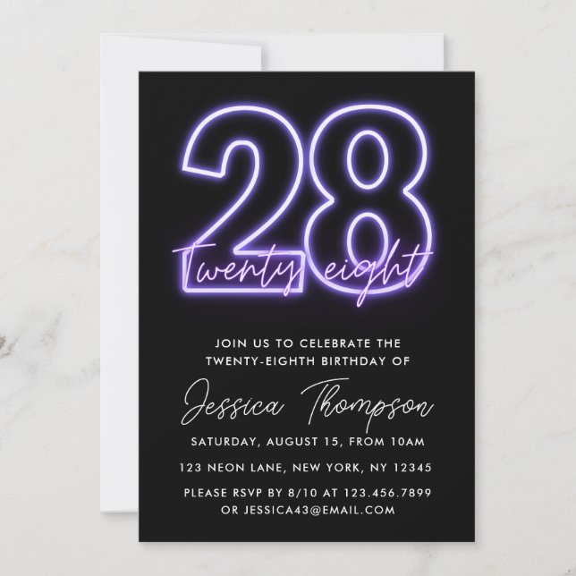 Purple Neon 28th Birthday Invitation (Front)