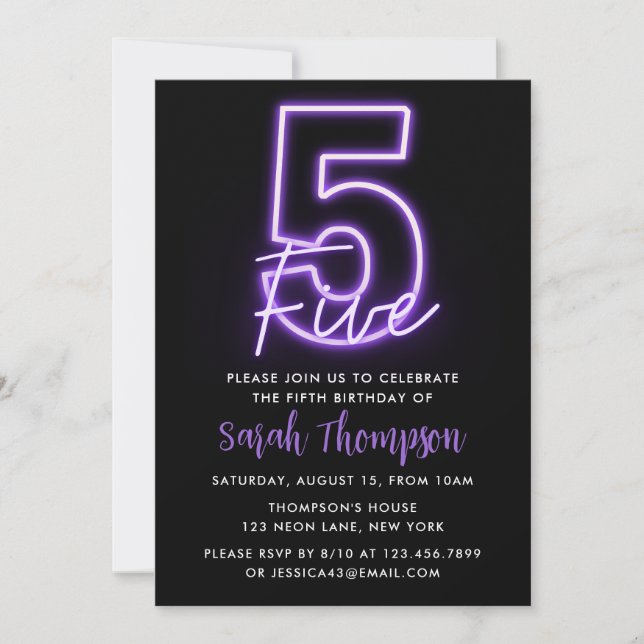 Purple Neon 5th Birthday Invitation (Front)