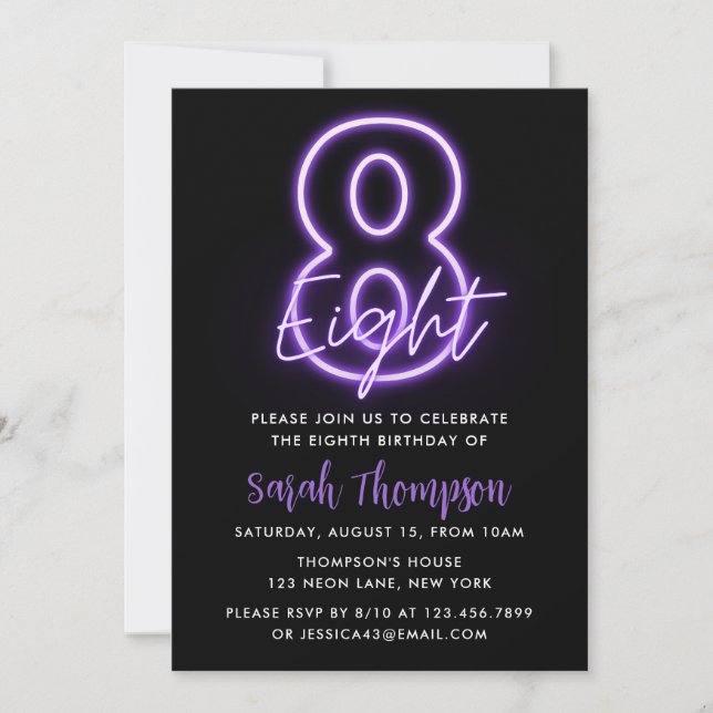 Purple Neon 8th Birthday Invitation (Front)