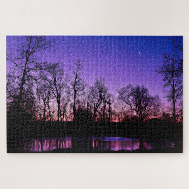 Purple Neon Art Sunrise Lake Reflection Jigsaw Puzzle (Horizontal)
