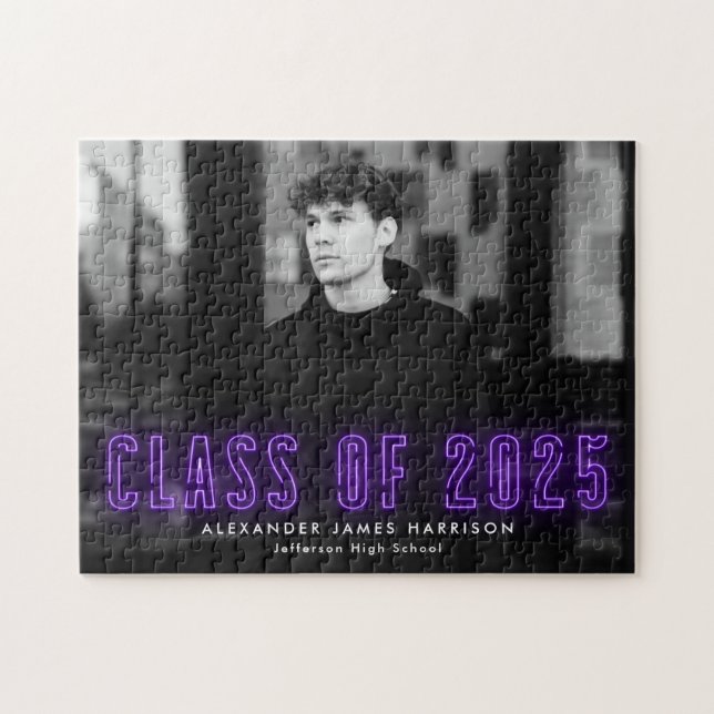 Purple Neon Class of 2025 Graduation Photo Jigsaw Puzzle (Horizontal)