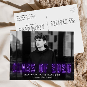 Purple Neon Class of 2025 Photo Graduation Party Invitation Postcard