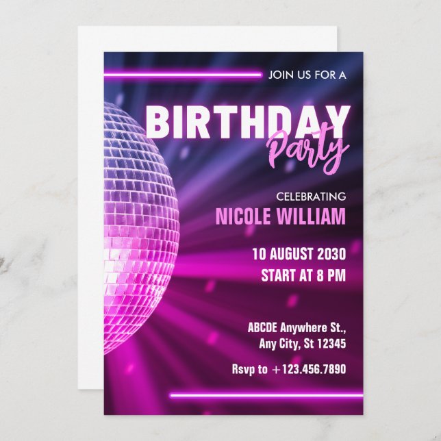 Purple neon disco ball night birthday party invitation (Front/Back)