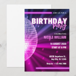 Purple neon disco ball night birthday party invitation