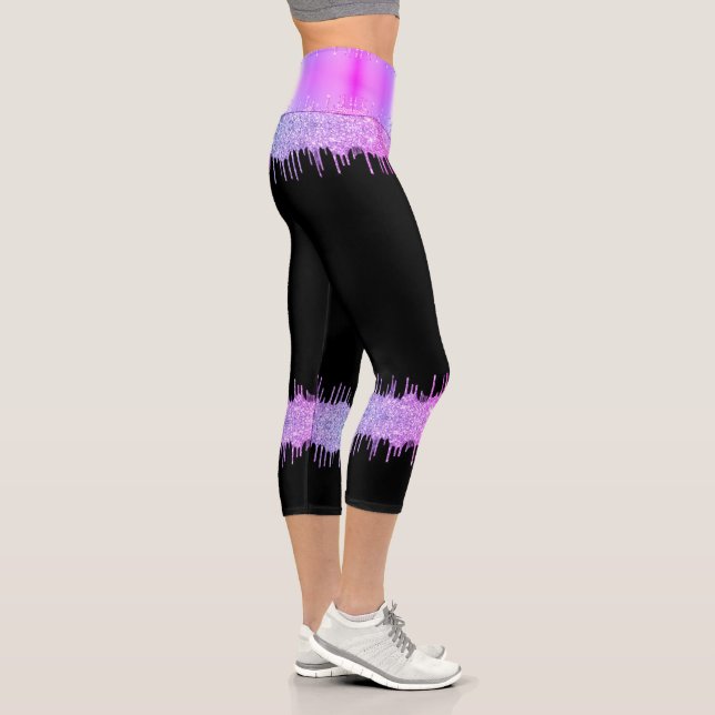 Purple Neon Glitter Drips Black Leggiings Capri Leggings (Right)
