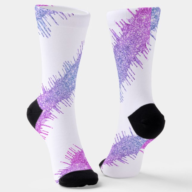 Purple Neon Glitter Drips White Socks (Angled)