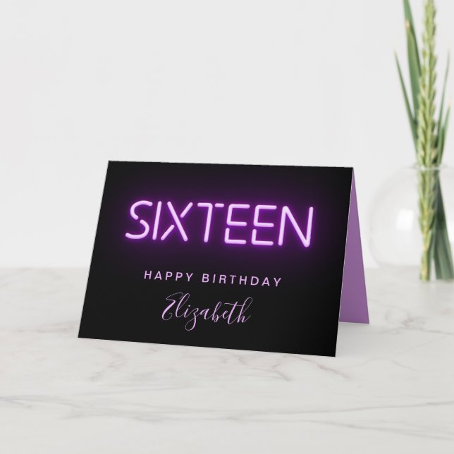 Purple Neon Lights Personalised 16th Birthday Card (Front)