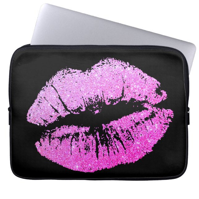 Purple Neon Lips Black Laptop Computer Sleeve (Front)