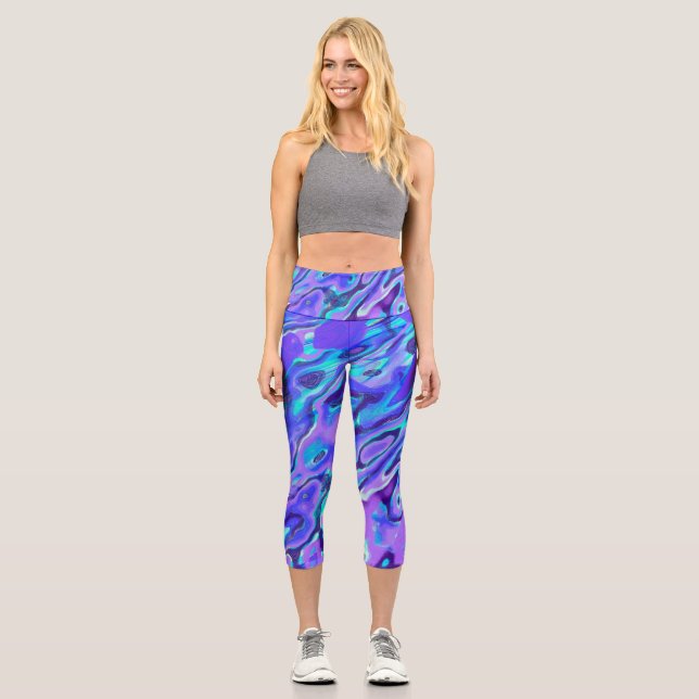 Purple Neon Marble Texture Abstract Liquid Paint Capri Leggings (Front)