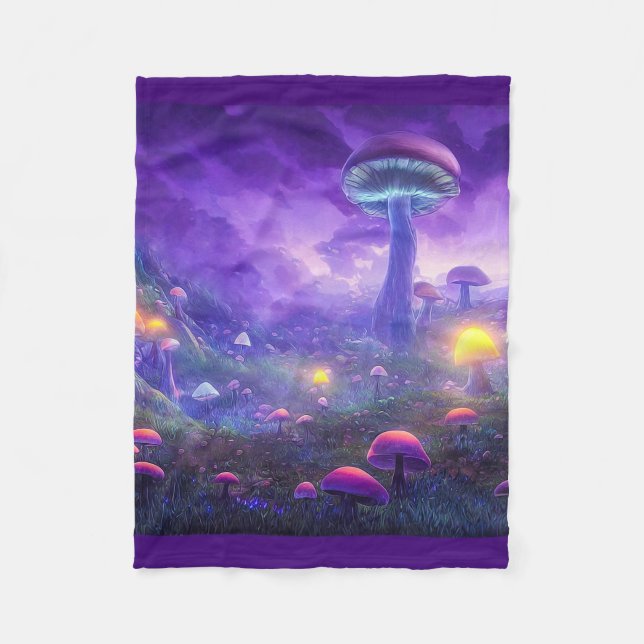 Purple Neon Mushrooms Fleece Blanket (Front)