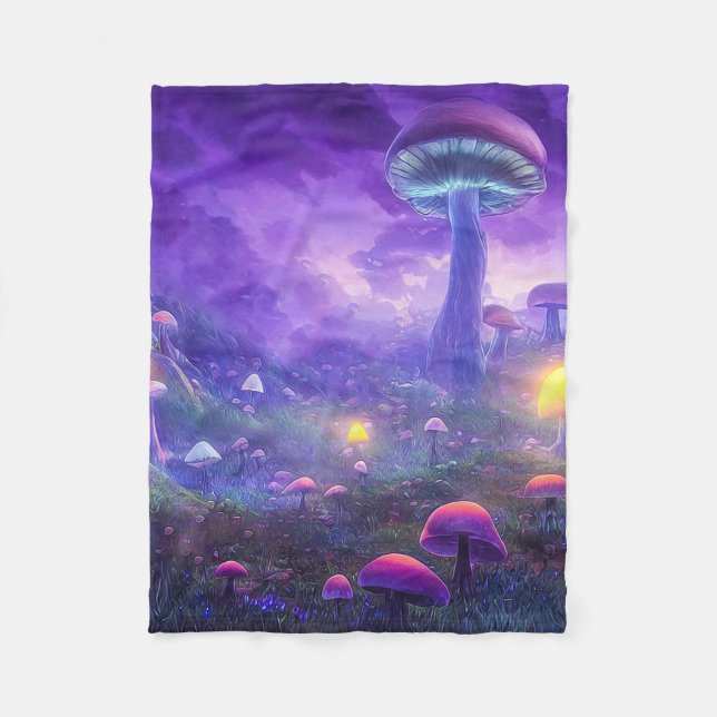 Purple Neon Mushrooms Fleece Blanket (Front)