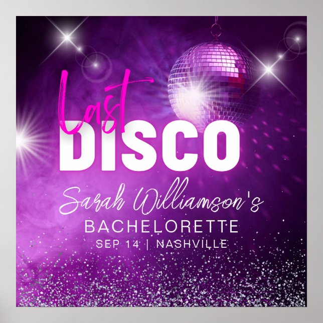 Purple Neon Pink Last Disco Bachelorette Party Poster (Front)