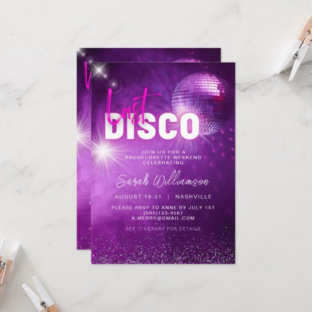 Purple Neon Pink Last Disco Bachelorette Weekend Invitation (Front/Back In Situ)