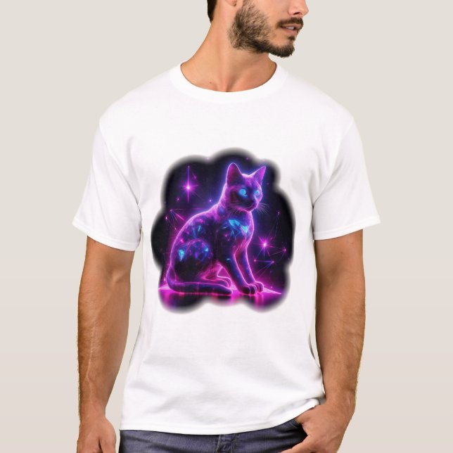 Purple Neon Siamese Cat With Blue Eyes & Starburst T-Shirt (Front)