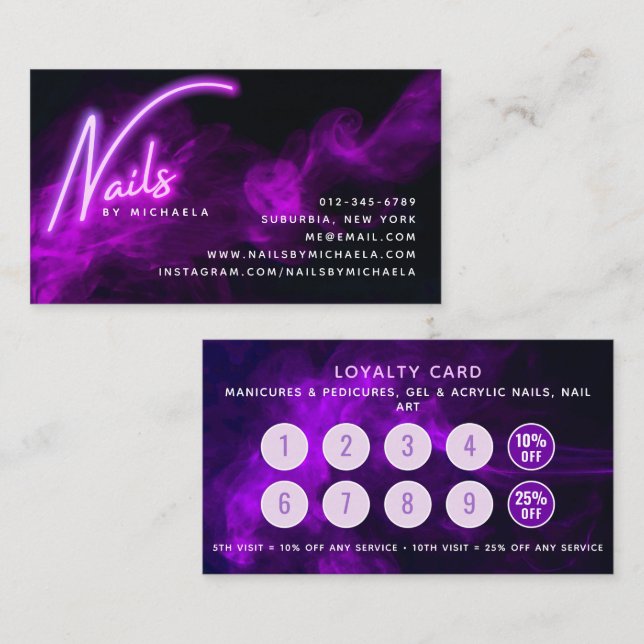 Purple Neon & Smoke Nail Salon Loyalty Card (Front/Back)
