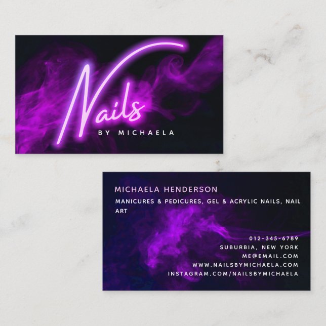 Purple Neon & Smoke Nail Salon/Technician Business Card (Front/Back)