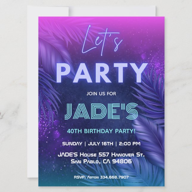 Purple Neon Tropical Birthday Party Invitation (Front)