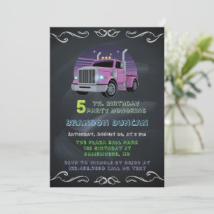 Purple Neon Trucks 5th Birthday Party Invitation