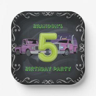 Purple Neon Trucks 5th Birthday Party Paper Plate