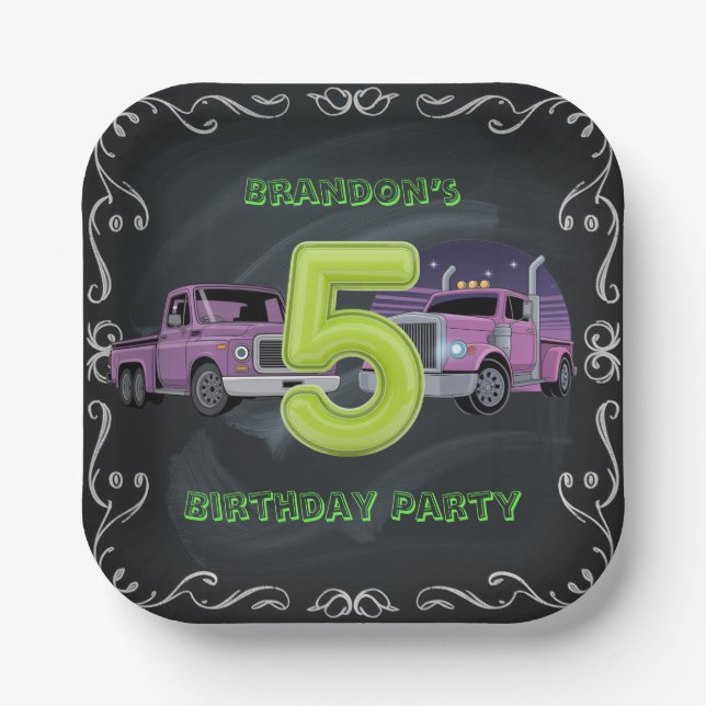 Purple Neon Trucks 5th Birthday Party Paper Plate (Front)