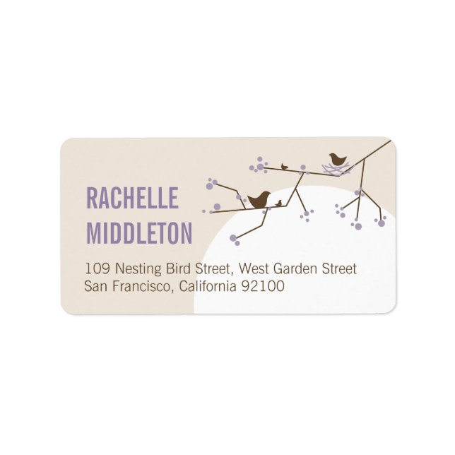 Purple Nesting Bird Family Baby Shower Address Label (Front)