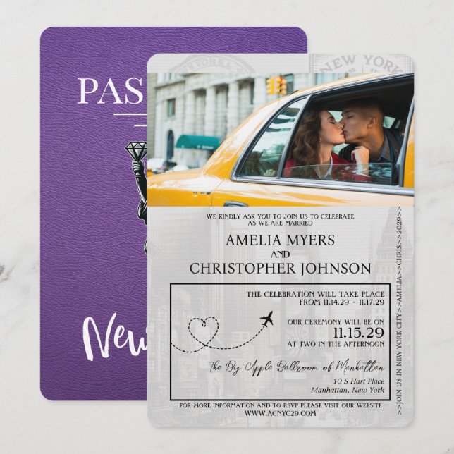 Purple New York City Passport Wedding Invitation (Front/Back)
