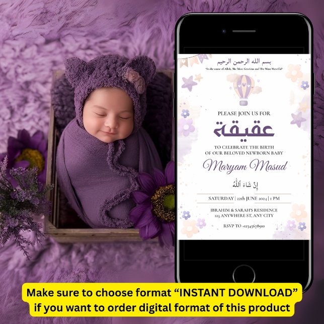 Purple Newborn Baby Girl Aqiqah Aqeeqa Muslim Invitation (Creator Uploaded)
