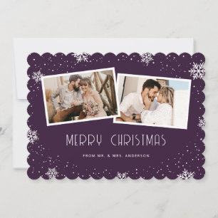 Purple Newlywed 2 Photo Snowflake Merry Christmas Holiday Card