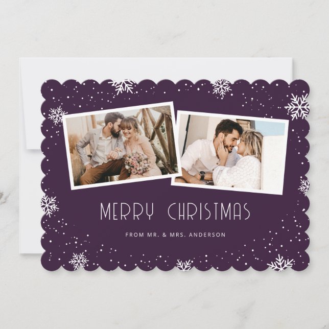 Purple Newlywed 2 Photo Snowflake Merry Christmas Holiday Card (Front)