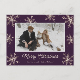 Purple Newlywed Snowflake Photo Merry Christmas Holiday Postcard