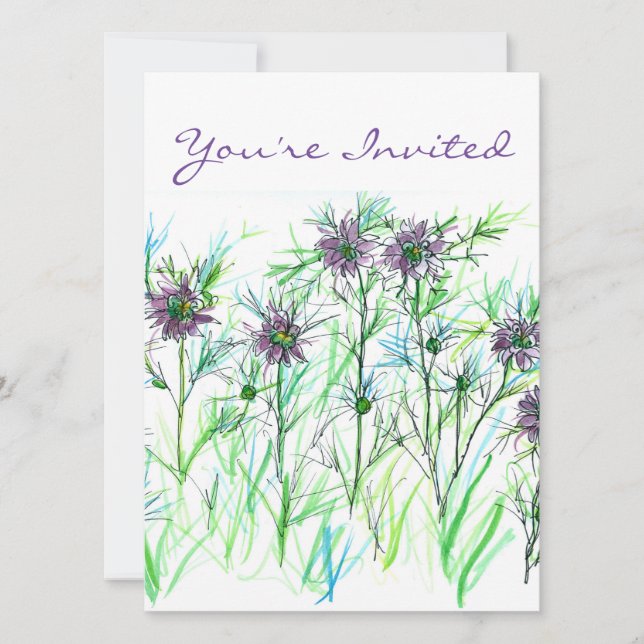 Purple Nigella Watercolor Flowers Bridal Shower Invitation (Front)