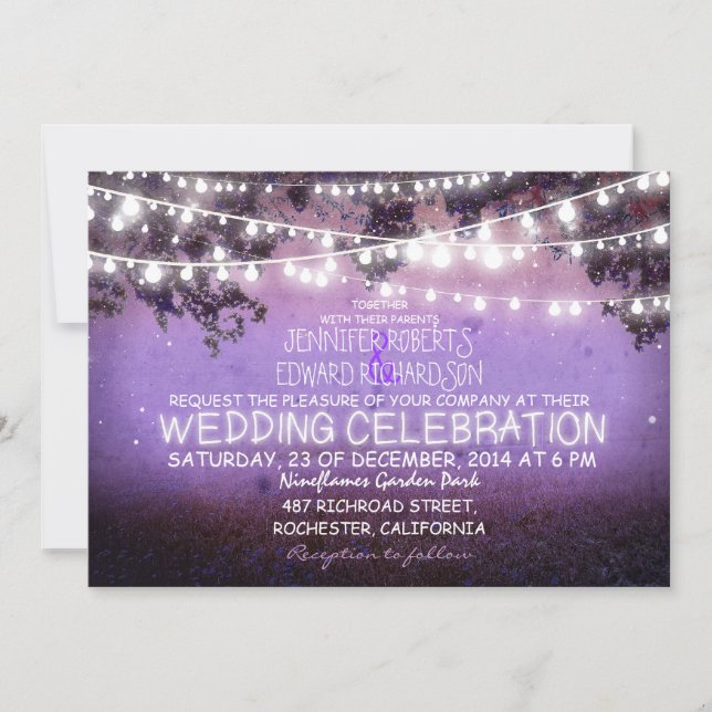 purple night & garden lights rustic wedding invitation (Front)