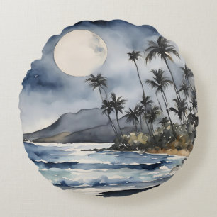 Purple Night Sky Moon Tropical Beach Palm Trees Round Cushion